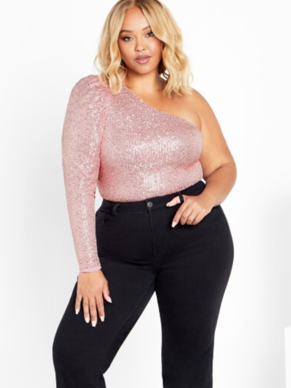 NWT City Chic Katelyn one shoulder sequin bodysuit size soft pink size XL 22